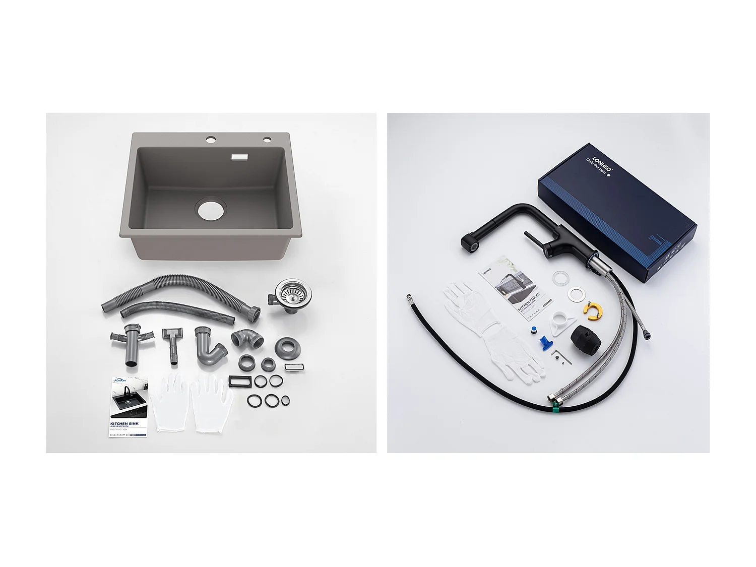 1 Vassoio Lavello da Cucina in Granito,55*45*20cm,Kit di Svuotamento,Grigio+ Rubinetto da Cucina Nero con Doccia Estraibile