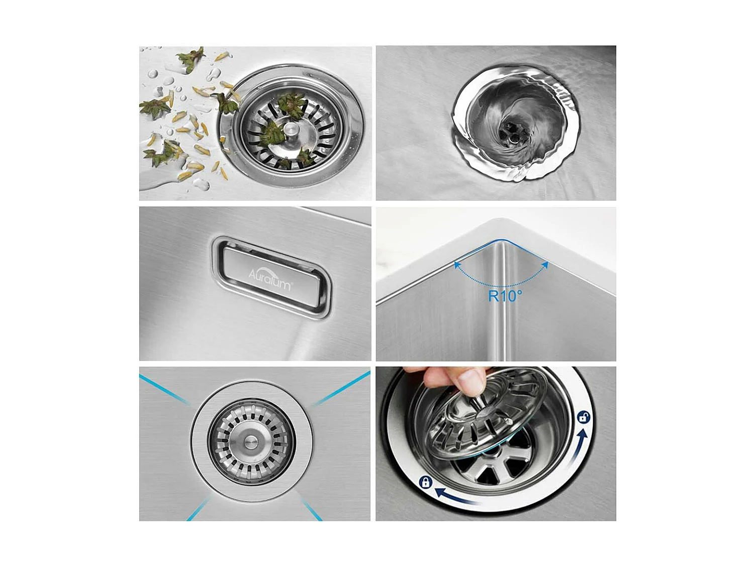 AURALUM MAX Evier Inox 1 Bac 70*44*19CM, Evier Cuisine 1 Bac en Acier Inoxydable Brossé avec 2 Trous de Montage,Evier à Encastrer /à Fleur /Sous-Plan