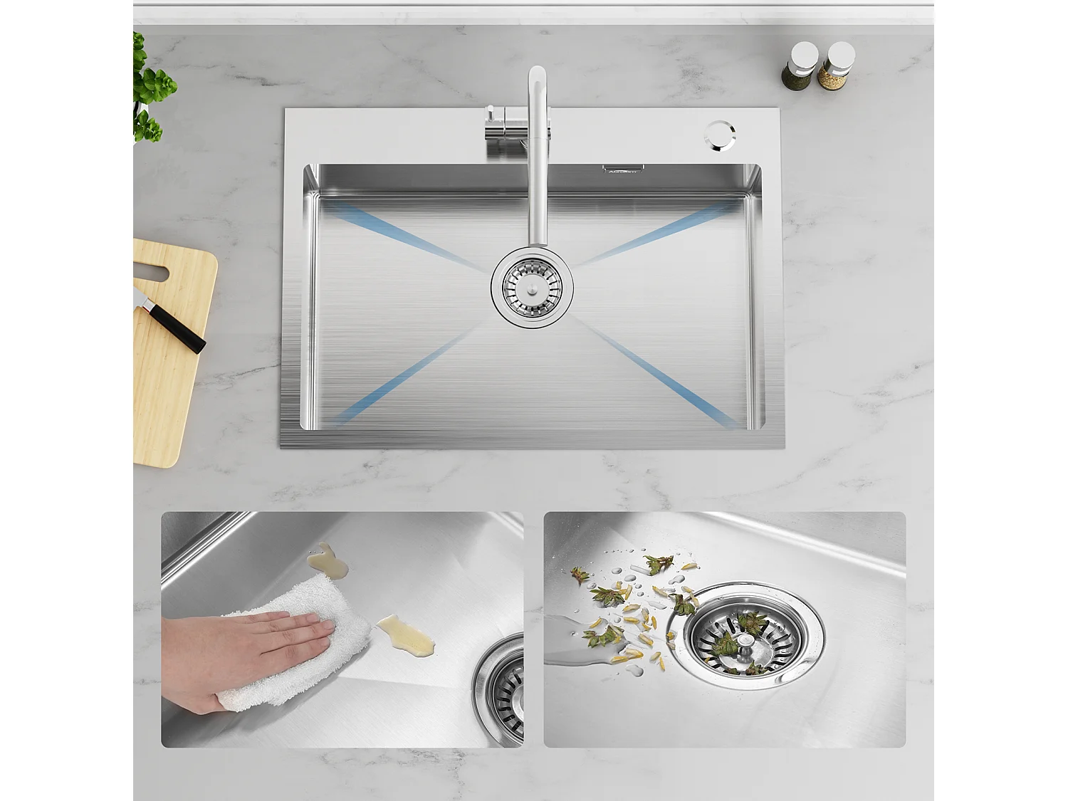 65 x 45 cm Küchenspüle aus gebürstetem Edelstahl mit Einzelbecken, Einbau-/Aufputzmontage + Küchenmischbatterie mit 360° drehbarer Ausziehbrause, Chrom