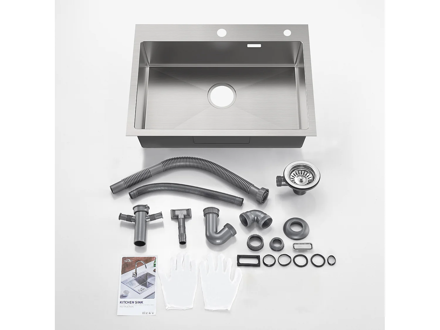 65 x 45 cm Küchenspüle aus gebürstetem Edelstahl mit Einzelbecken, Einbau-/Aufputzmontage + Küchenmischbatterie mit 360° drehbarer Ausziehbrause, Chrom