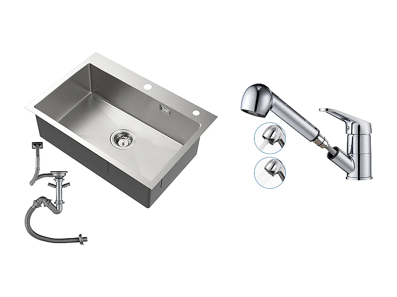 Lavello Cucina 1Vassoio in acciaio inossidabile Spazzolato 65x45CM, incassato/da posare+Miscelatore da cucina con doccetta estraibile,cromato