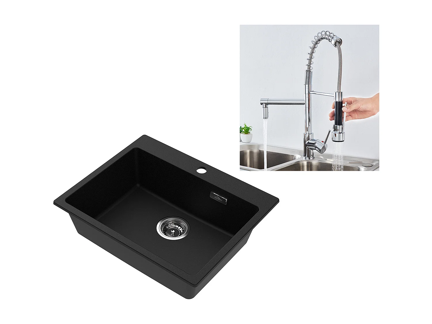 1 Bac Évier Cuisine en Granit,55*45*20cm,Kit de Vidage,Noir+Robinet Cuisine Rotatif 360° Douchette Extractible