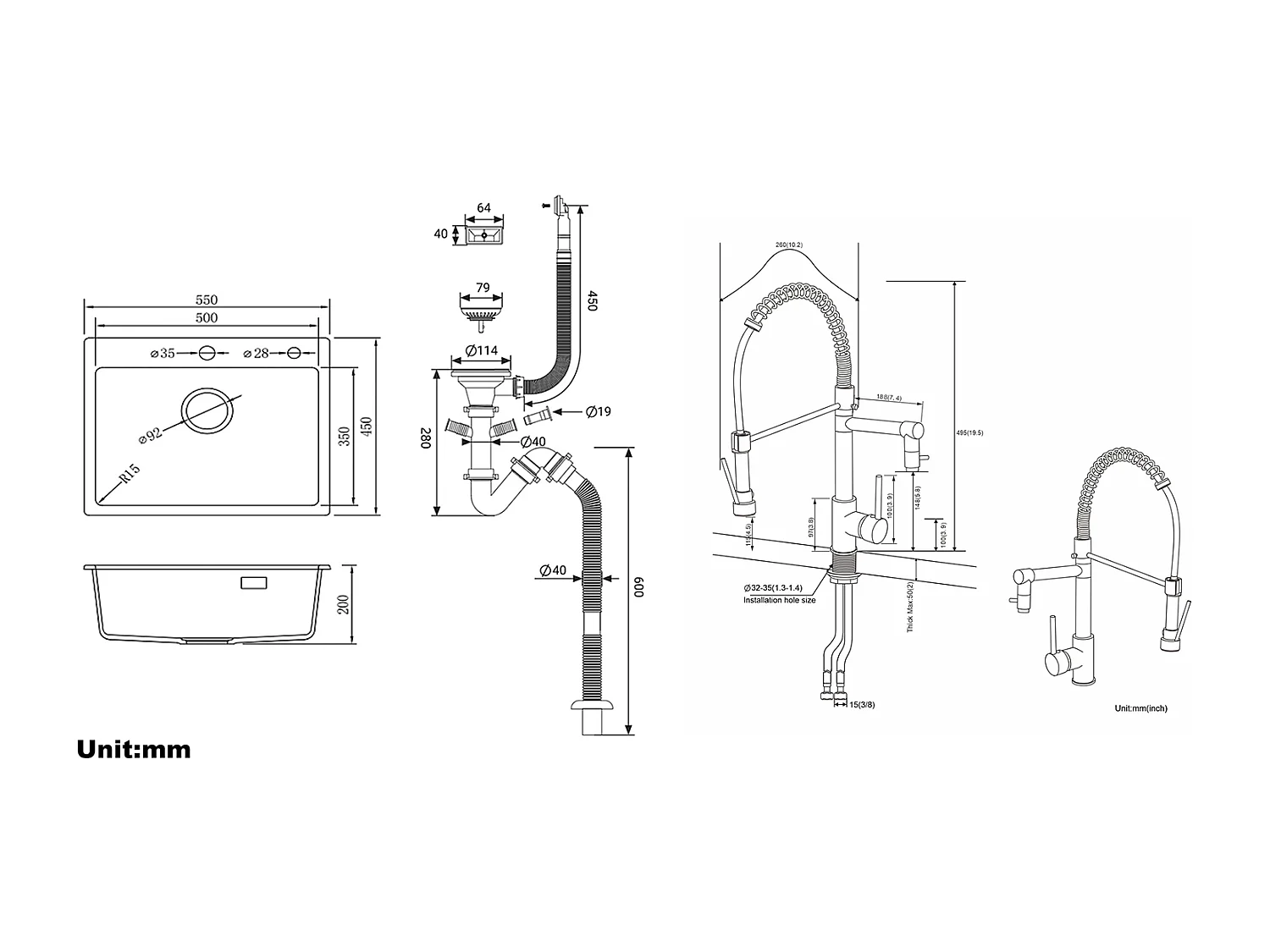 1 Bac Évier Cuisine en Granit,55*45*20cm,Kit de Vidage,Noir+Robinet Cuisine Rotatif 360° Douchette Extractible