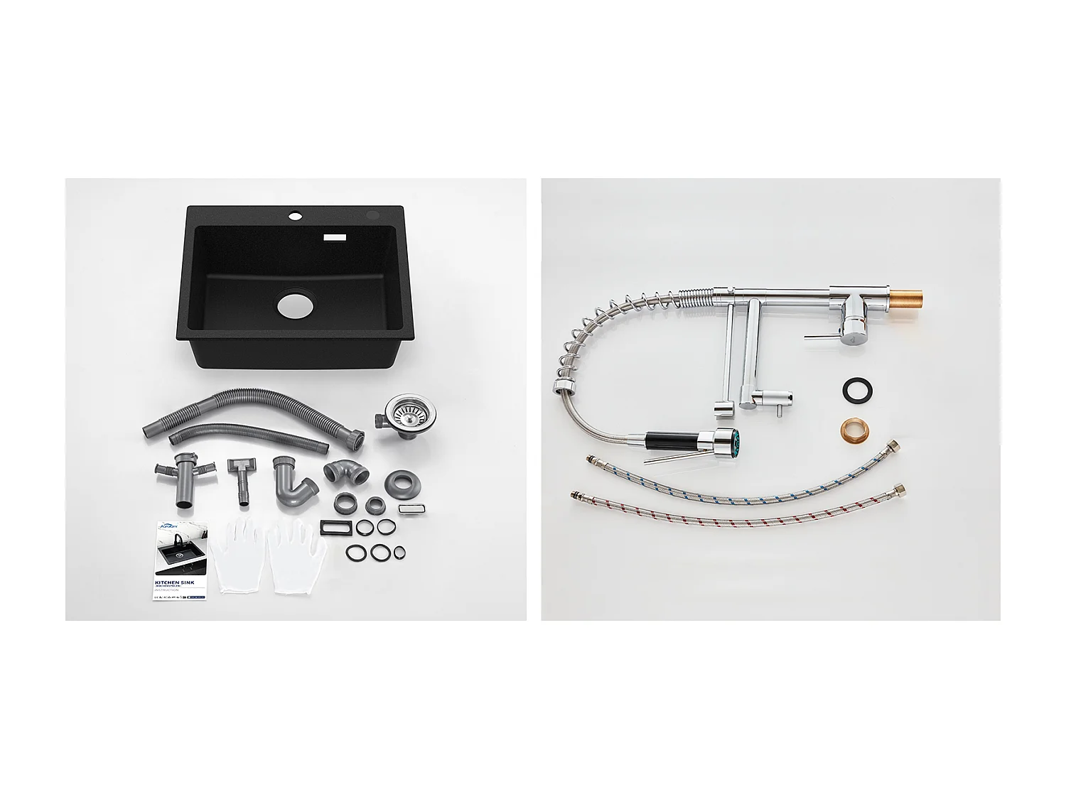 1 Bac Évier Cuisine en Granit,55*45*20cm,Kit de Vidage,Noir+Robinet Cuisine Rotatif 360° Douchette Extractible