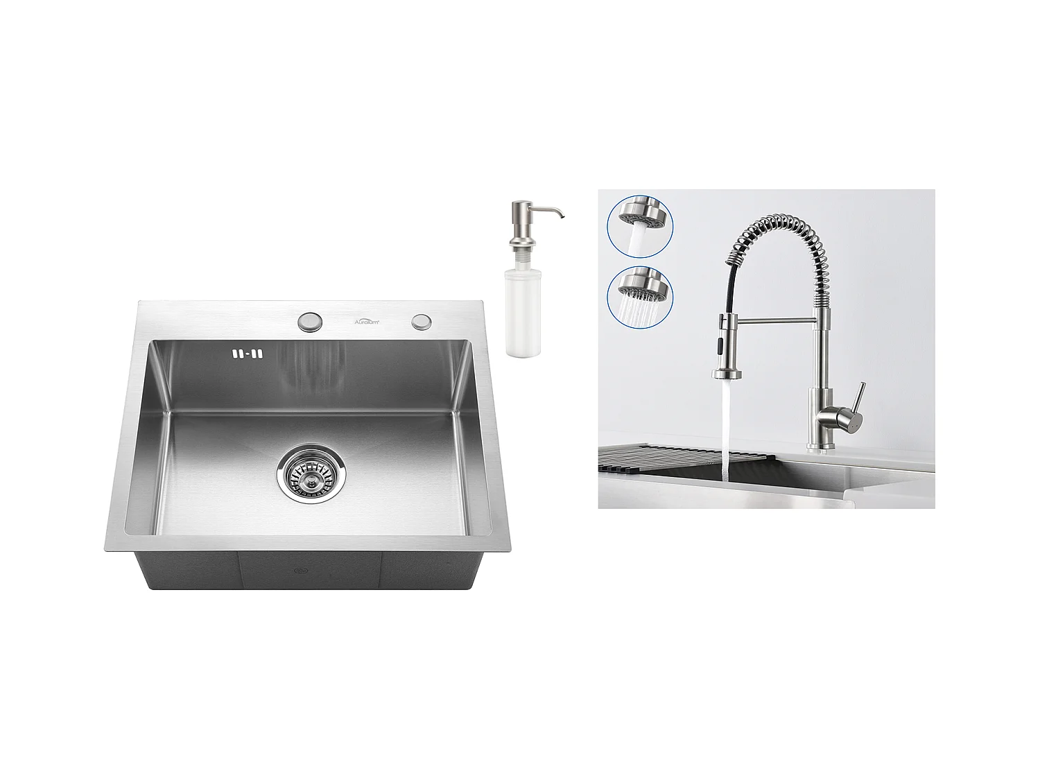 Lavello Cucina 1 Vassoio 55*45CM Lavello incasso/Posa con distributore di sapone+rubinetto cucina a molla con doccetta estensibile,Spazzolato