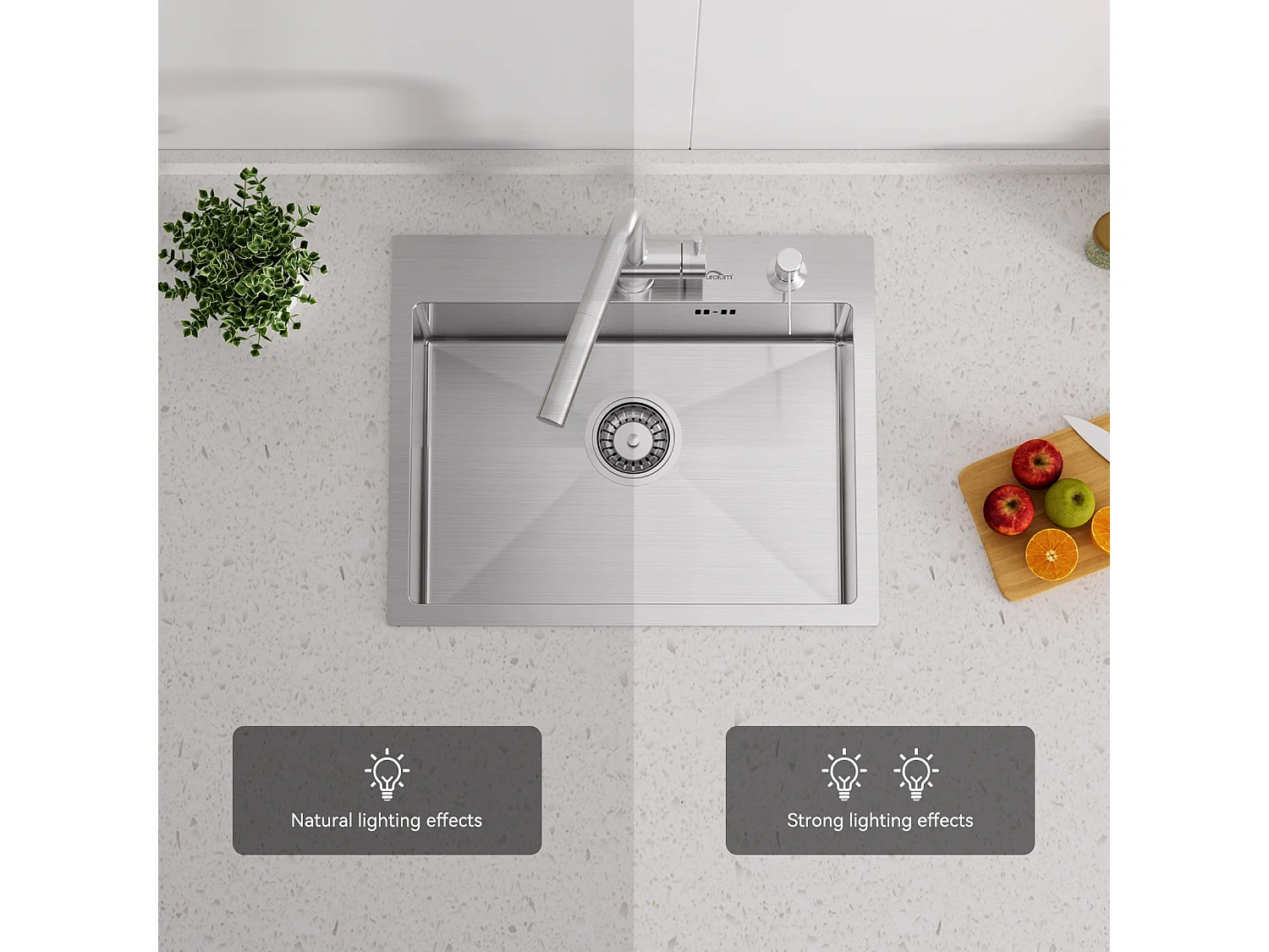 Évier Cuisine 1 Bac 55*45CM Évier Encastré/ Poser avec Distributeur Savon+Robinet Cuisine à Ressort avec Douchette Extensible,2 Modes,Brossé