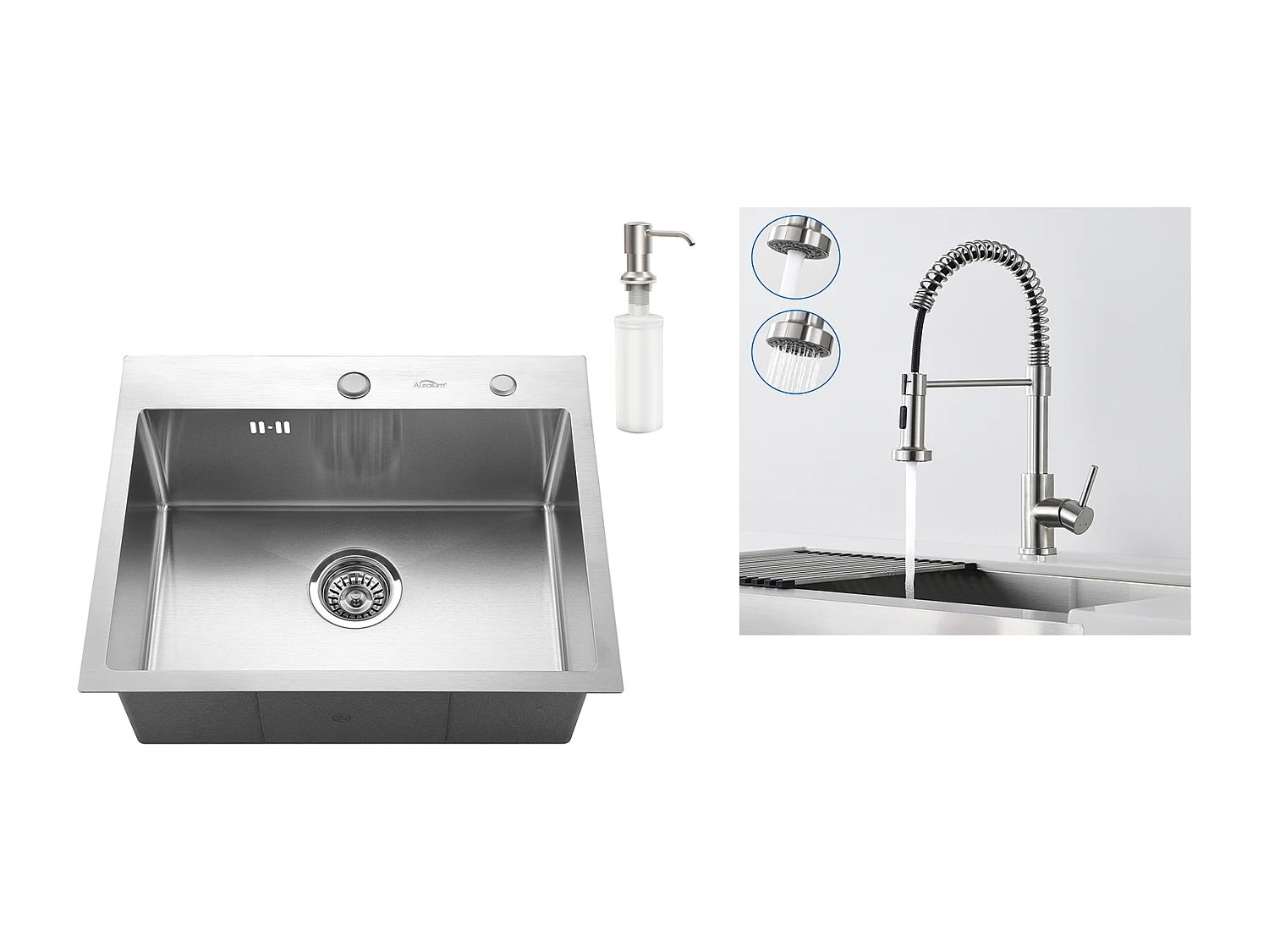 Aanrecht 1 Bak 55*45CM Inbouwspoelbak met Zeepdispenser + KeukenkraanVeer e met Uitschuifbare Handdouche, 2 Modi, Geborsteld