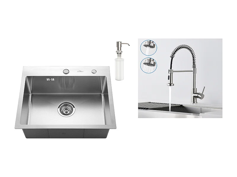 Évier Cuisine 1 Bac 55*45CM Évier Encastré/ Poser avec Distributeur Savon+Robinet Cuisine à Ressort avec Douchette Extensible,2 Modes,Brossé