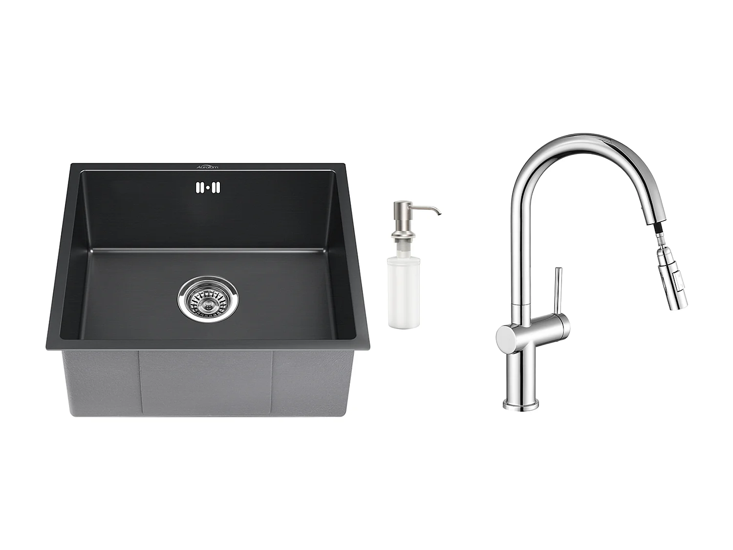 Évier Noir 1 Bac 50x43x18,5CM,Acier Inoxydable, avec Distrubuteur de savon+robinet de cuisine rétractable à deux fonctions, ch