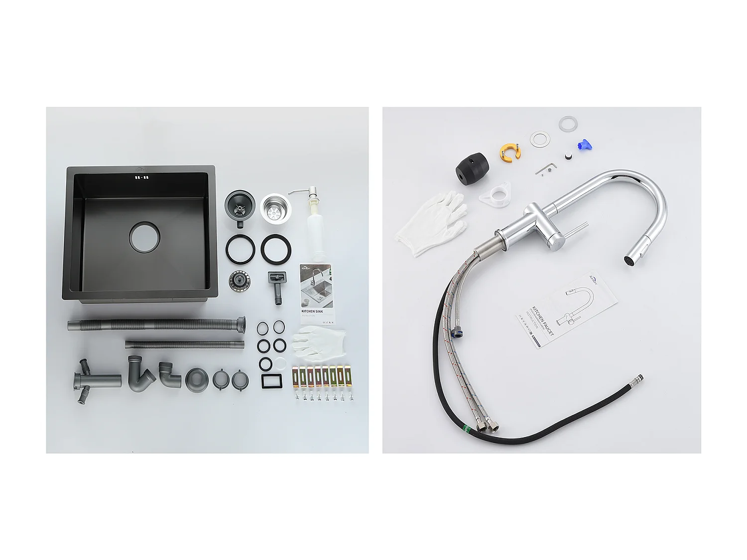 Évier Noir 1 Bac 50x43x18,5CM,Acier Inoxydable, avec Distrubuteur de savon+robinet de cuisine rétractable à deux fonctions, ch