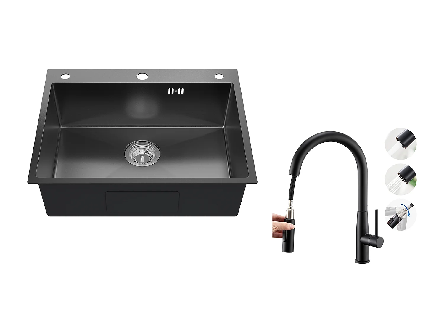 Auralum max Lavello da cucina da incasso,1 vasca,60*49*20CM,acciaio inossidabile 304,nero+rubinetto cucina con doccetta estraibile,2 modalità Jets