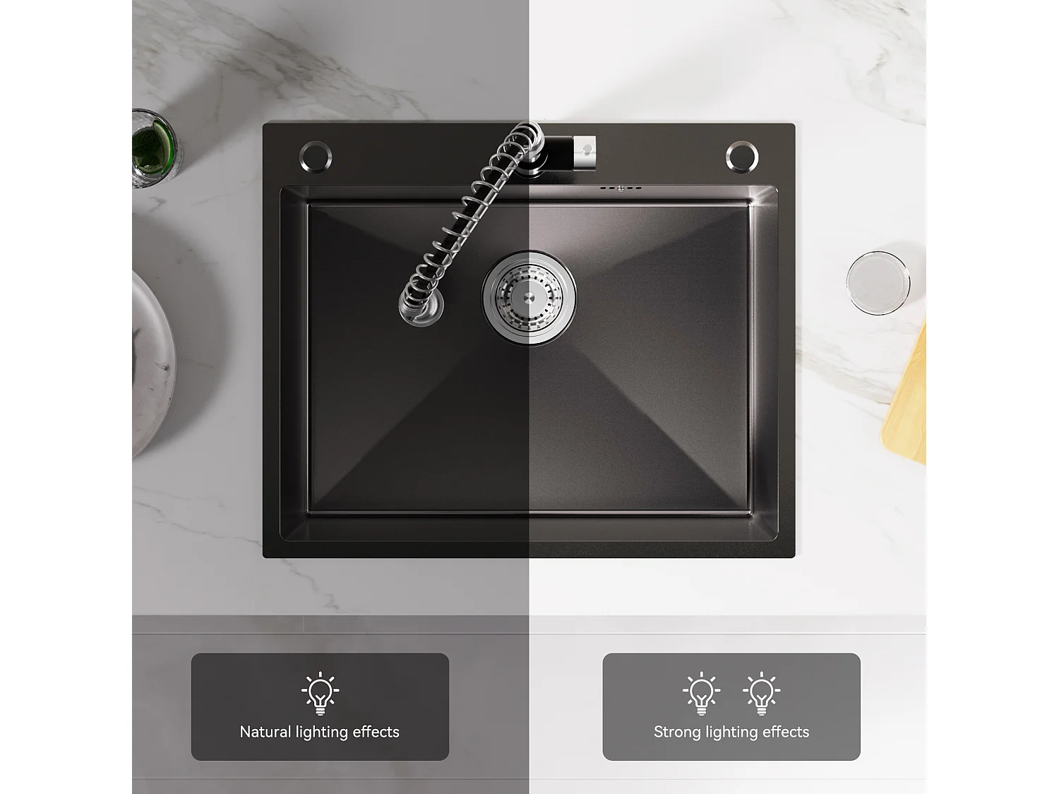 Auralum max Lavello da cucina da incasso,1 vasca,60*49*20CM,acciaio inossidabile 304,nero+rubinetto cucina con doccetta estraibile,2 modalità Jets