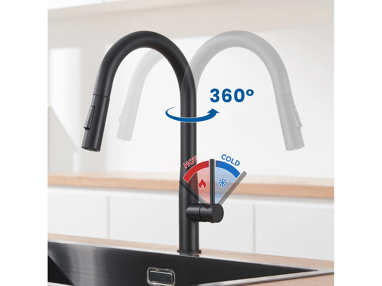 Auralum max Lavello da cucina da incasso,1 vasca,60*49*20CM,acciaio inossidabile 304,nero+rubinetto cucina con doccetta estraibile,2 modalità Jets