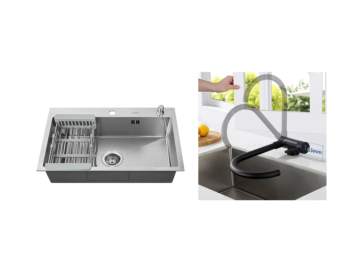 2 en1 Évier Cuisine Brossé 68x45x19CM avec Distrubuteur savon Égouttoir Panier+Mitigeur Cuisine en Acier Inox Rabattable Pivotant à 360° ,Noir