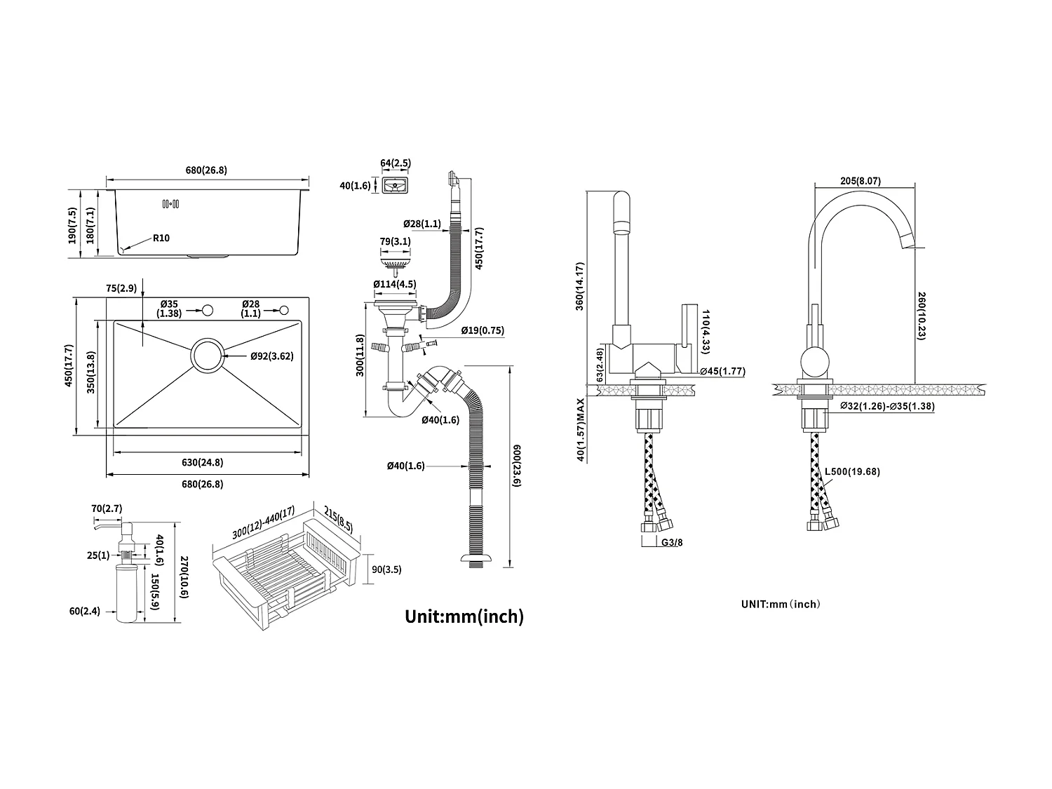 2 en1 Évier Cuisine Brossé 68x45x19CM avec Distrubuteur savon Égouttoir Panier+Mitigeur Cuisine en Acier Inox Rabattable Pivotant à 360° ,Noir