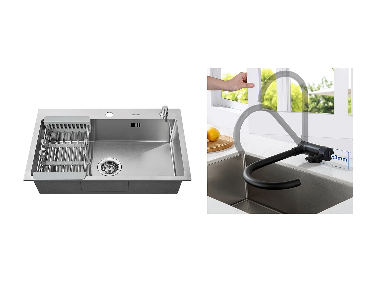 2 en1 Évier Cuisine Brossé 68x45x19CM avec Distrubuteur savon Égouttoir Panier+Mitigeur Cuisine en Acier Inox Rabattable Pivotant à 360° ,Noir