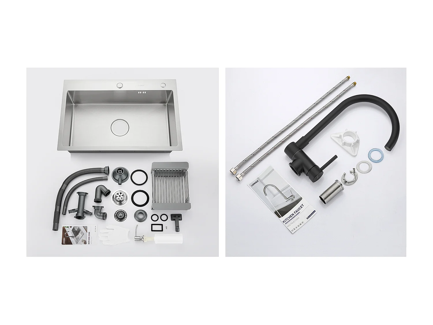 2 en1 Évier Cuisine Brossé 68x45x19CM avec Distrubuteur savon Égouttoir Panier+Mitigeur Cuisine en Acier Inox Rabattable Pivotant à 360° ,Noir