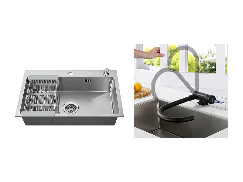 2 en1 Évier Cuisine Brossé 68x45x19CM avec Distrubuteur savon Égouttoir Panier+Mitigeur Cuisine en Acier Inox Rabattable Pivotant à 360° ,Noir