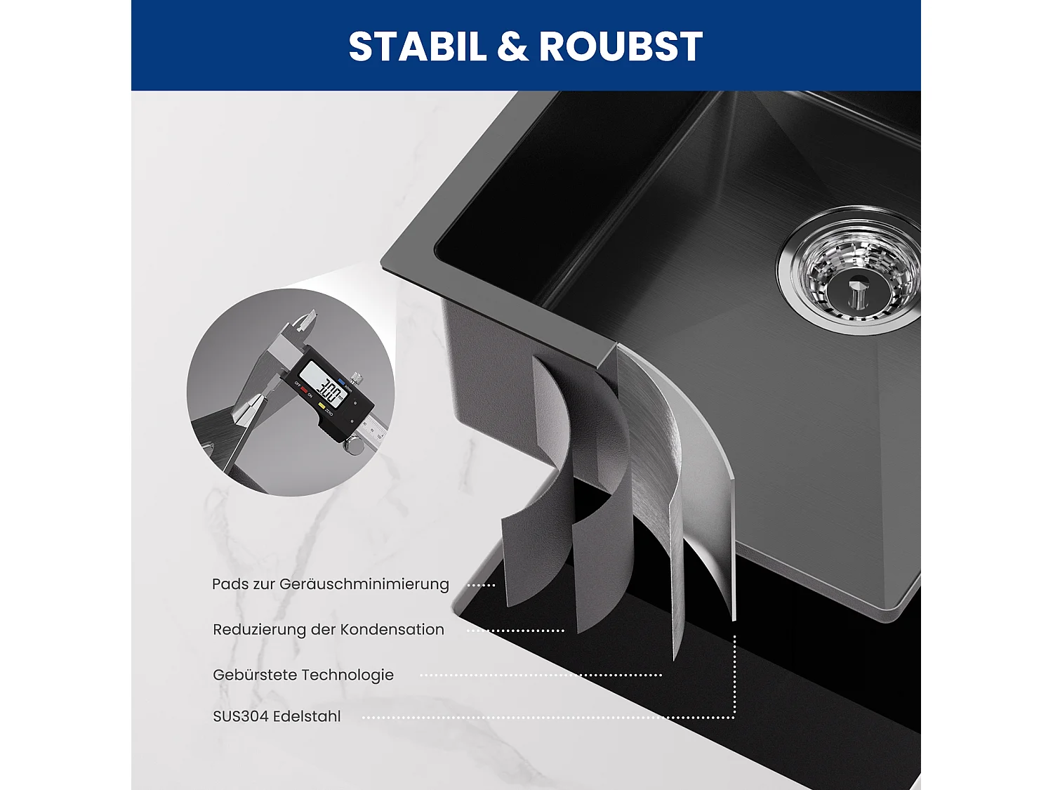 Cecipa max Évier Encastré 40*44*19 cm - Évier de Cuisine 1 Bac en Acier Inoxydable - Évier de Cuisine Noir avec vidange,EU Modèle