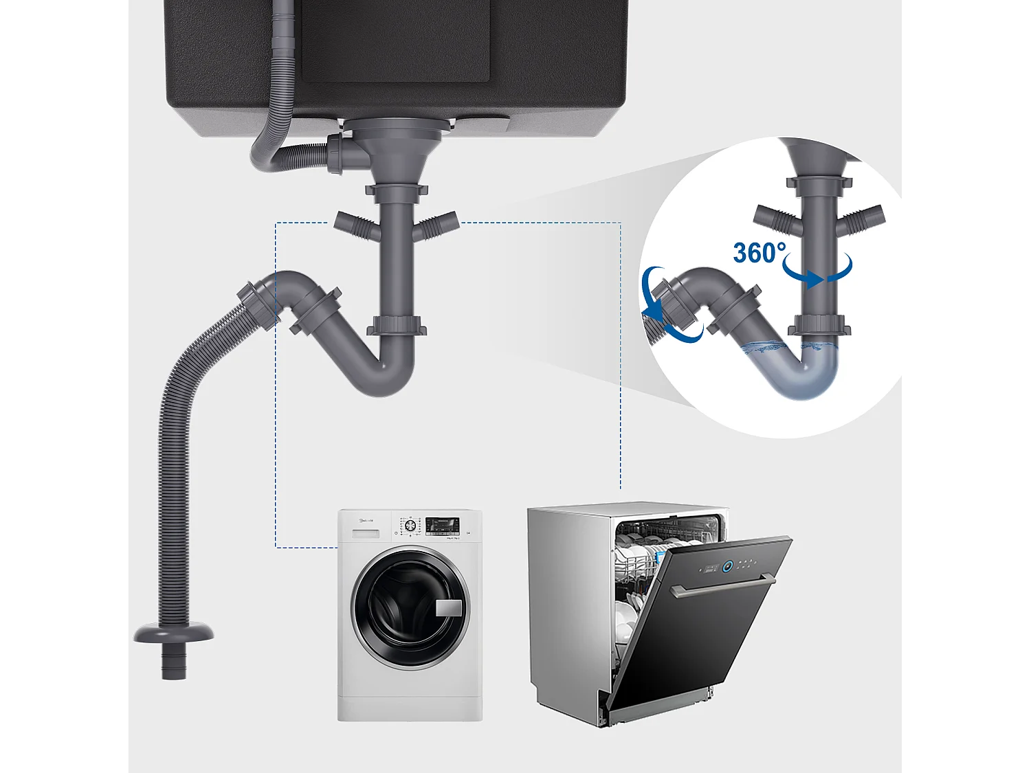 Aanrecht 1 bak 55*45CM met zeepdispenser, inbouw/opzetbaar+keukenkraan, 360° draaibaar, warm/koud water, messing, chroom