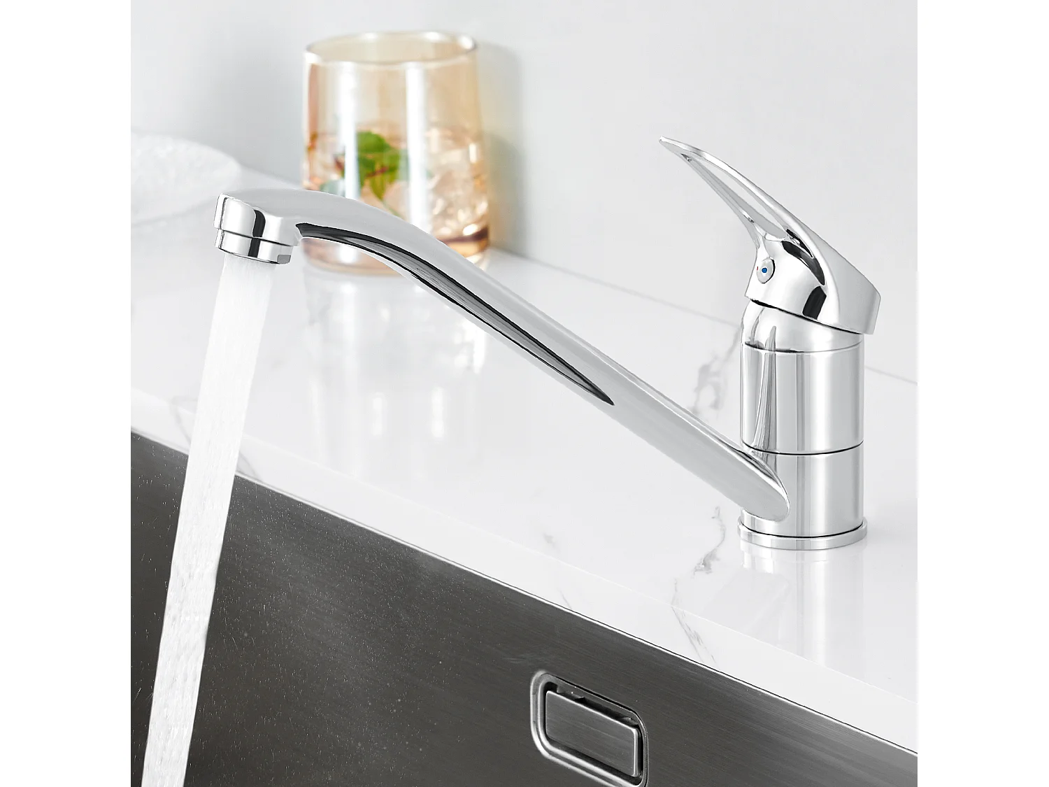 Aanrecht 1 bak 55*45CM met zeepdispenser, inbouw/opzetbaar+keukenkraan, 360° draaibaar, warm/koud water, messing, chroom