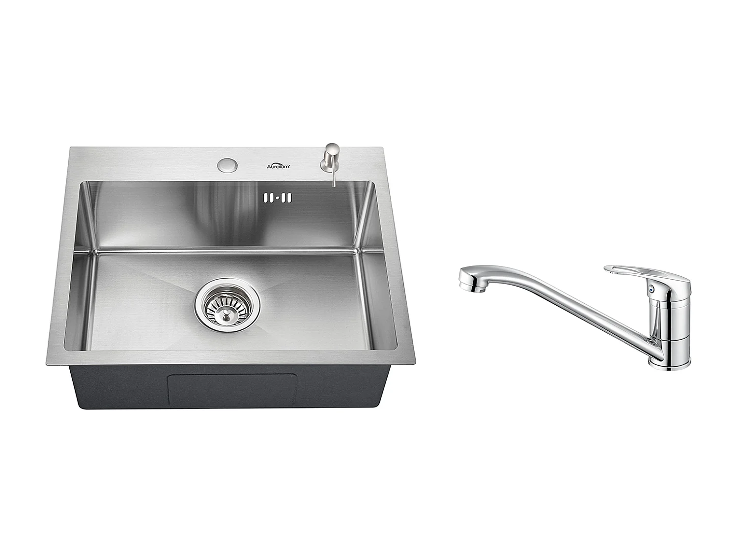 Évier Cuisine 1 Bac 55*45CM avec Distributeur Savon,Encastré/à Poser+Robinet de Cuisine,Orientable à 360°,Eau Chaude/ Froide,en Laiton,Chromé