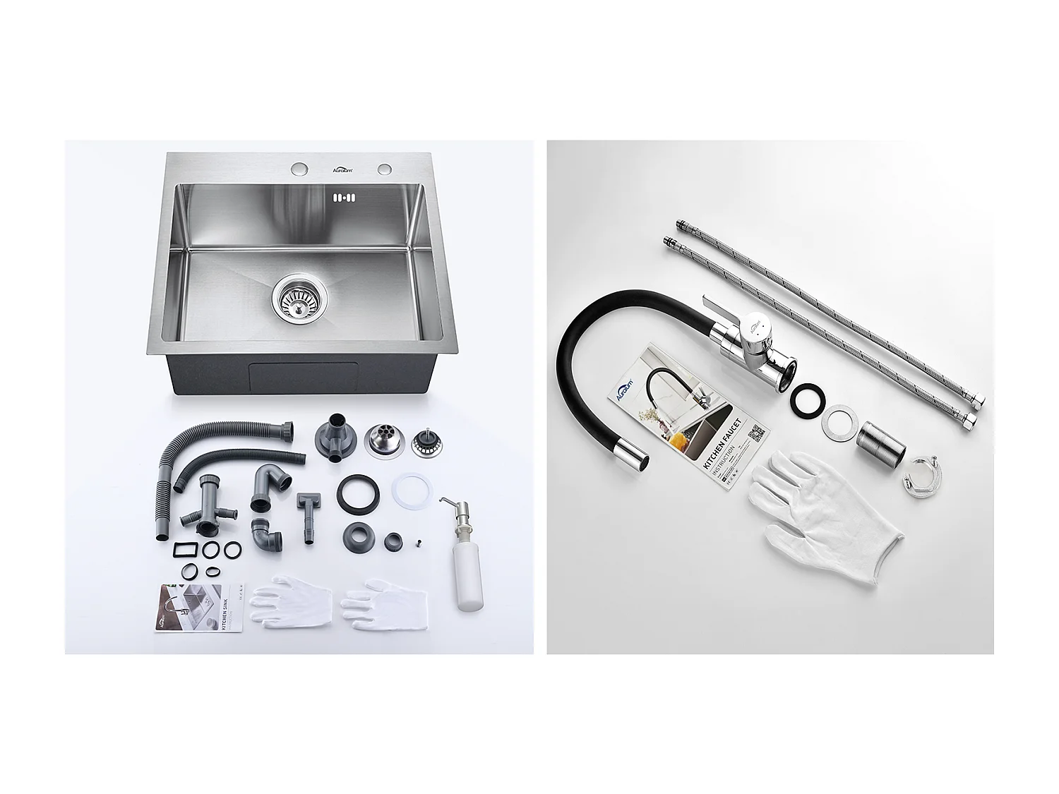 1 Becken Küchenspüle 55*45CM Einbau- und Aufsatzspüle mit Seifenspender + flexiblem Küchenhahn mit hohem Schwenkauslauf
