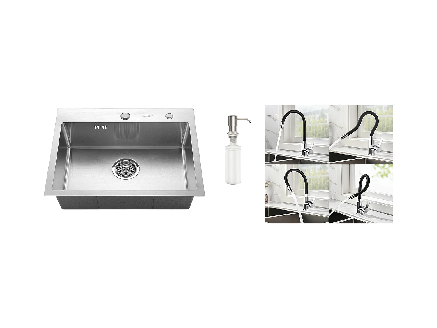 Évier Cuisine 1 Bac 55*45CM Évier Encastré et à Poser avec Distributeur de Savon+Robinet de Cuisine Flexible Bec Haut Orientable
