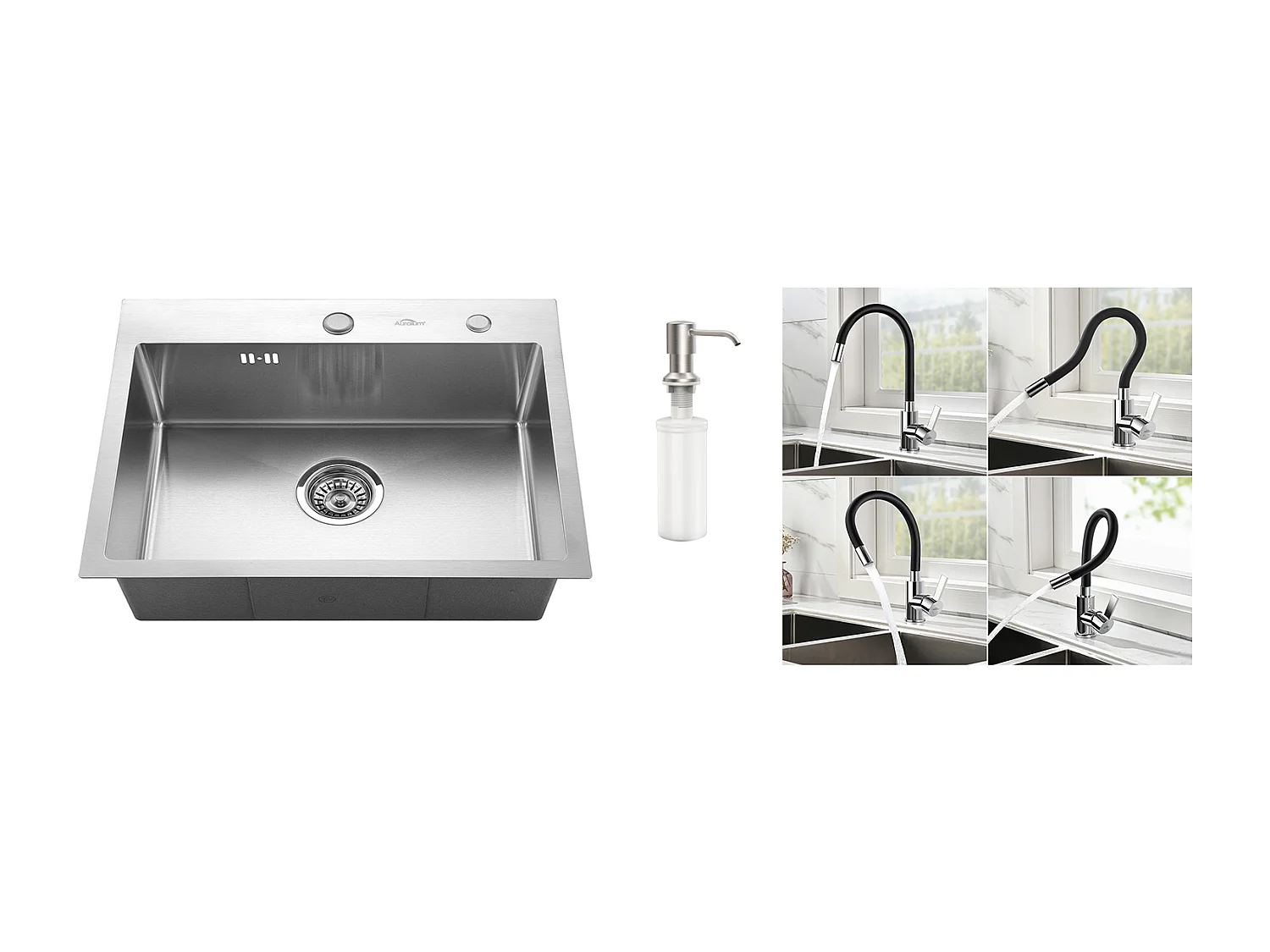 Lavello cucina 1Vasca 55*45CM Lavello da incasso e da posare con distributore di sapone+rubinetto da cucina flessibile Becco alto orientabile