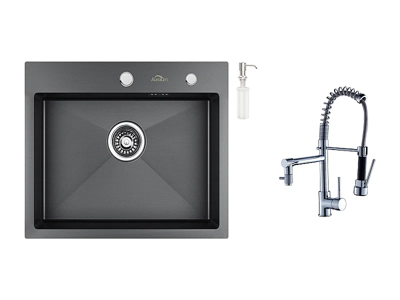 Évier Cuisine 1 Bac 55*45CM Noir+Robinet Cuisine Mitigeur avec Douchette Extractible Rotatif 360°Robinetterie Rétractable évier 2 Jets Robinet