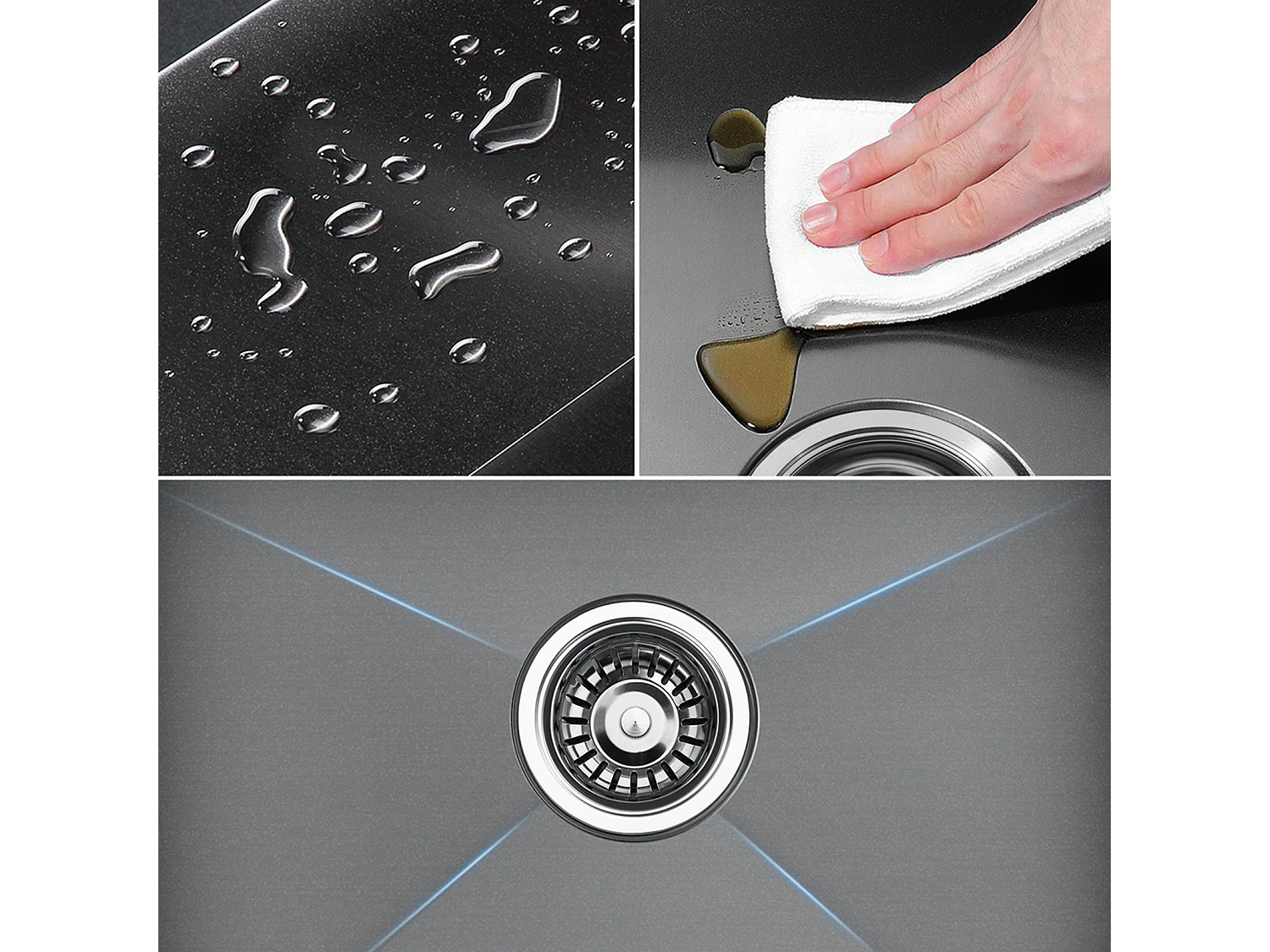 Évier Cuisine 1 Bac 55*45CM Noir+Robinet Cuisine Mitigeur avec Douchette Extractible Rotatif 360°Robinetterie Rétractable évier 2 Jets Robinet