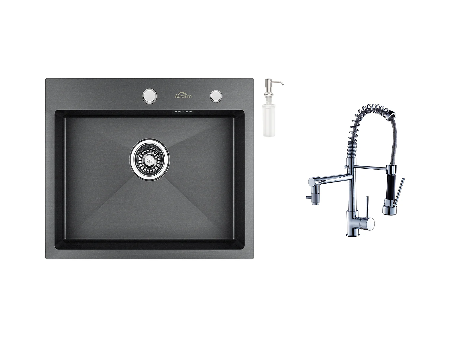 Évier Cuisine 1 Bac 55*45CM Noir+Robinet Cuisine Mitigeur avec Douchette Extractible Rotatif 360°Robinetterie Rétractable évier 2 Jets Robinet