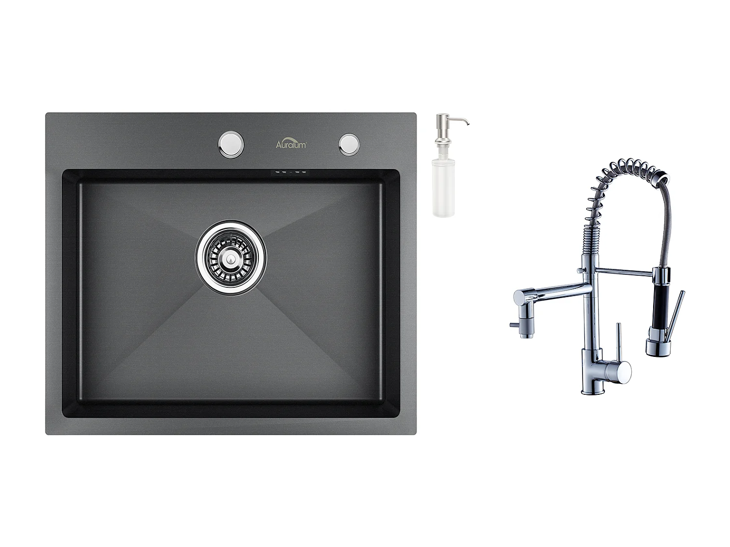 Évier Cuisine 1 Bac 55*45CM Noir+Robinet Cuisine Mitigeur avec Douchette Extractible Rotatif 360°Robinetterie Rétractable évier 2 Jets Robinet