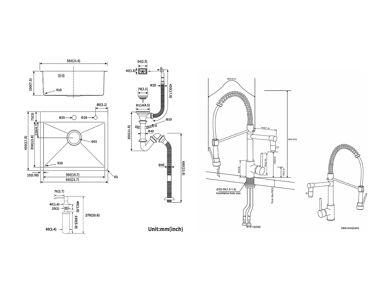 Évier Cuisine 1 Bac 55*45CM Noir+Robinet Cuisine Mitigeur avec Douchette Extractible Rotatif 360°Robinetterie Rétractable évier 2 Jets Robinet