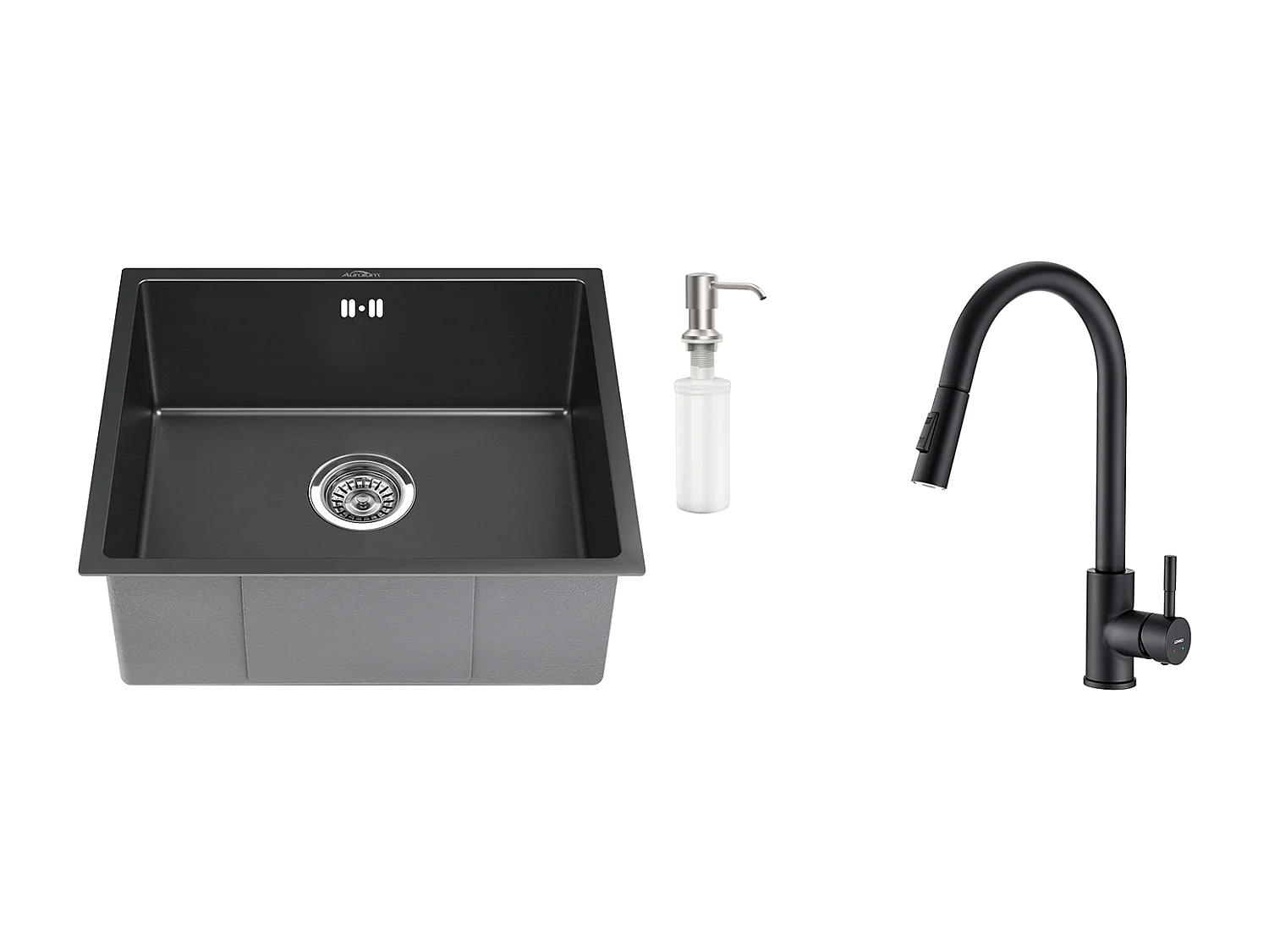 Évier Noir 1 Bac 50x43x18,5CM,Acier Inoxydable, avec Distrubuteur de savon ++Robinet de Cuisine Noir,Extractible Rotatif à 360 °, 2 Fonctions