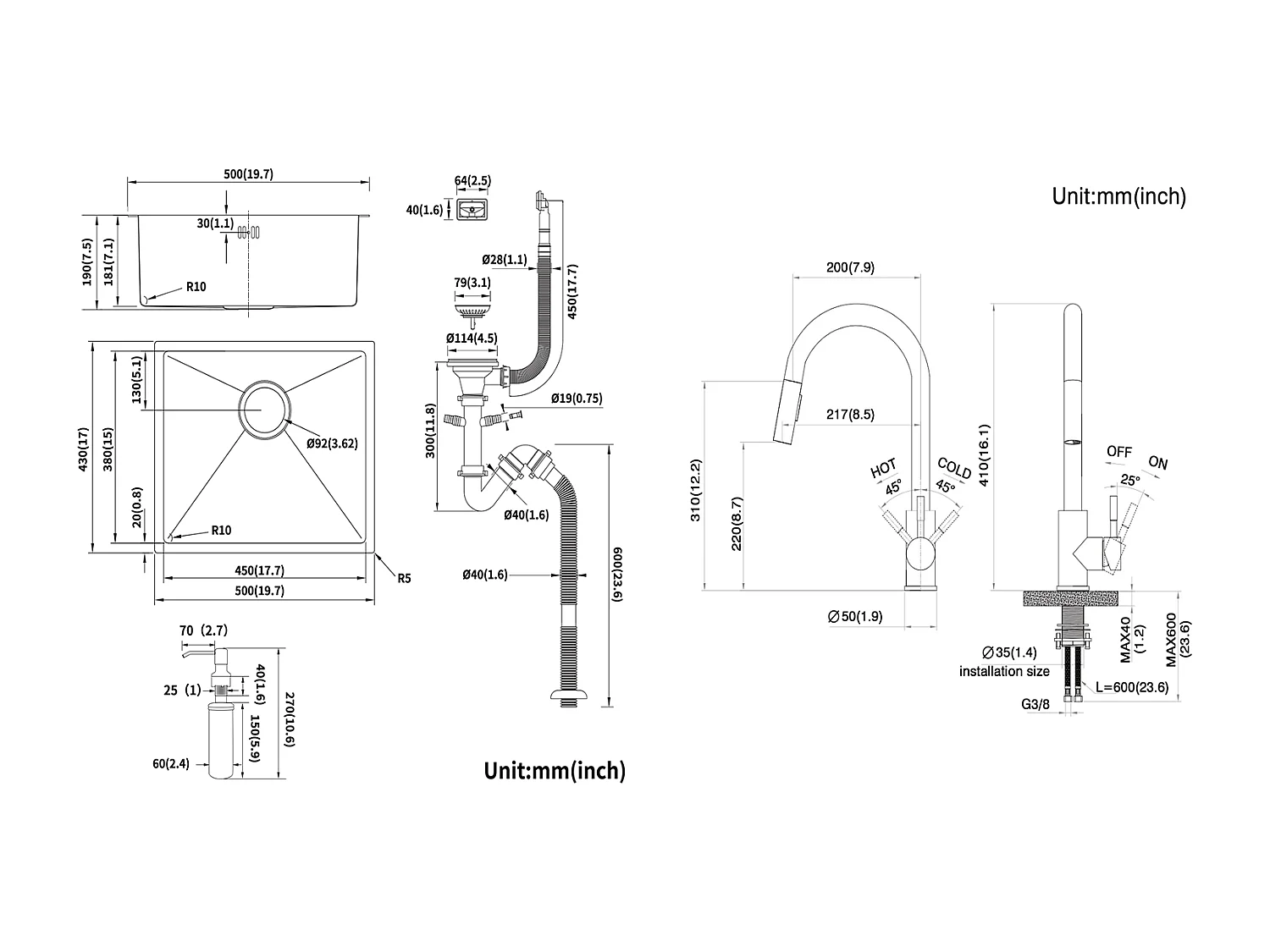 Évier Noir 1 Bac 50x43x18,5CM,Acier Inoxydable, avec Distrubuteur de savon ++Robinet de Cuisine Noir,Extractible Rotatif à 360 °, 2 Fonctions
