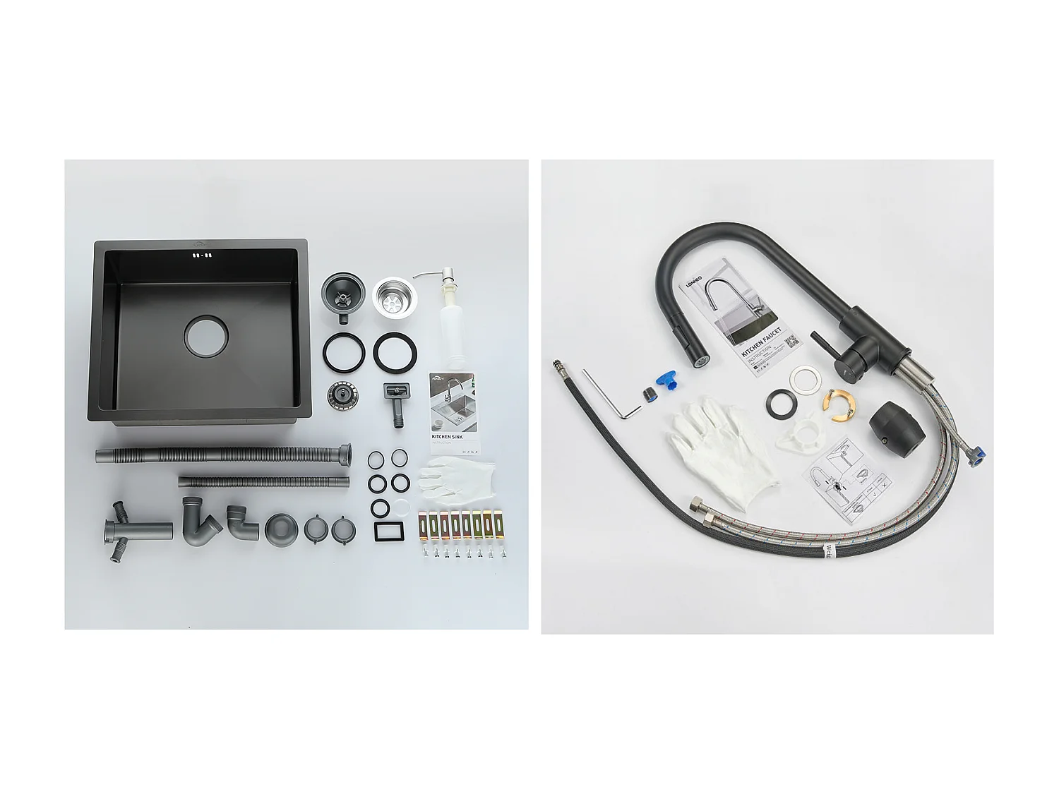 Évier Noir 1 Bac 50x43x18,5CM,Acier Inoxydable, avec Distrubuteur de savon ++Robinet de Cuisine Noir,Extractible Rotatif à 360 °, 2 Fonctions