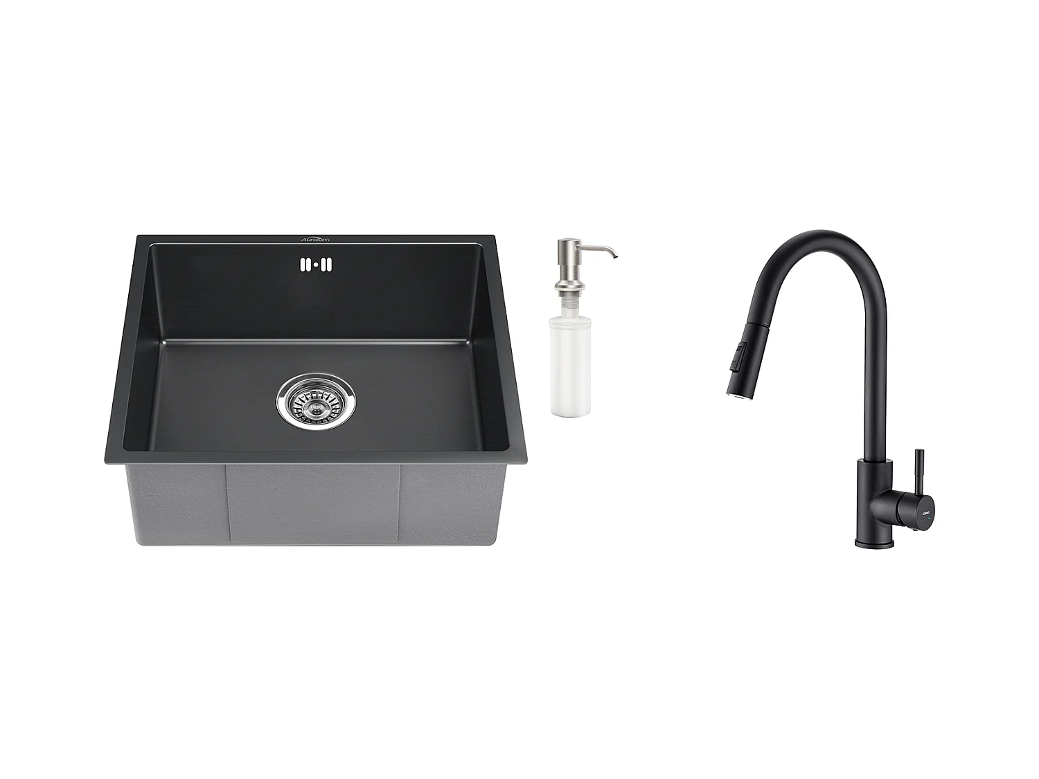 Fregadero Negro 1 Bandeja 50x43x18,5CM,Acero Inoxidable, con Distributor Jabón+Grifo de Cocina Negro,Extragible Giratorio  360 °, 2 Funciones