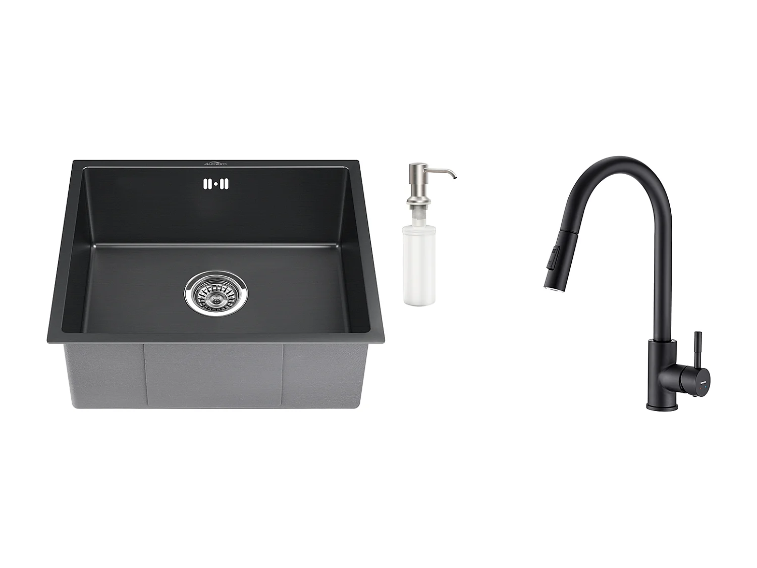 Schwarze Spüle 1 Becken 50x43x18,5CM, Edelstahl, mit Seifenspender ++ Schwarze Küchenarmatur, Ausziehbar 360° Drehbar, 2 Funktionen