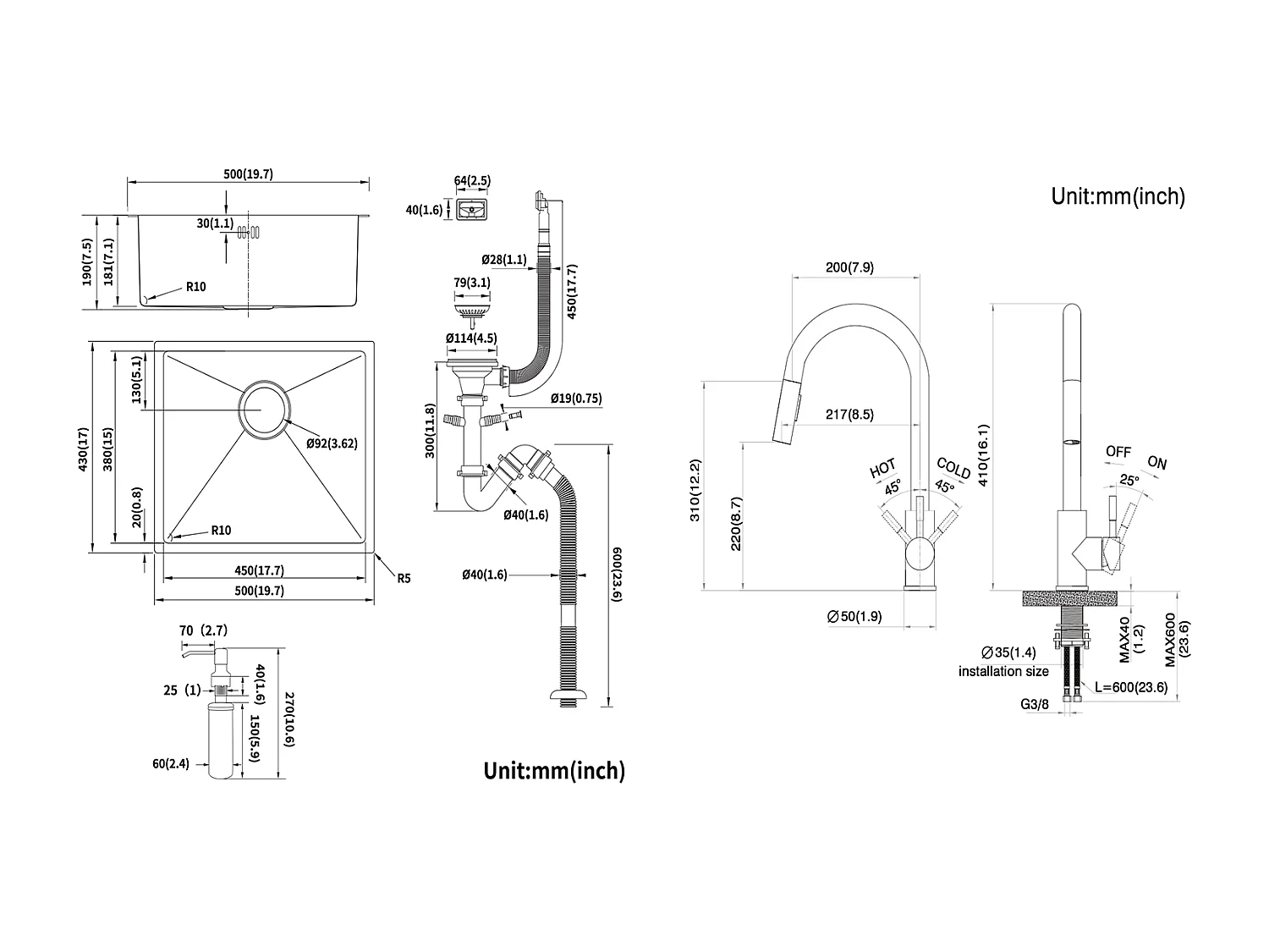 Schwarze Spüle 1 Becken 50x43x18,5CM, Edelstahl, mit Seifenspender ++ Schwarze Küchenarmatur, Ausziehbar 360° Drehbar, 2 Funktionen