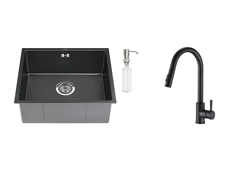 Schwarze Spüle 1 Becken 50x43x18,5CM, Edelstahl, mit Seifenspender ++ Schwarze Küchenarmatur, Ausziehbar 360° Drehbar, 2 Funktionen