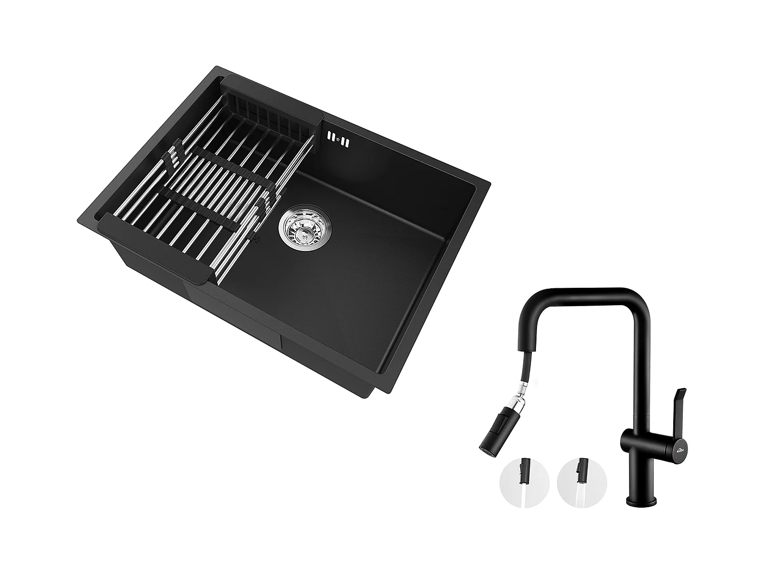 Auralum Max Lavello Cucina 1 Vassoio 60*44*20CM,inox 304,incasso/sottopiano con cestino drenaggio,nero+rubinetto cucina con doccetta estraibile,nero