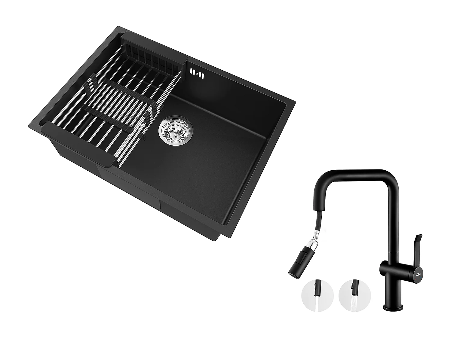 Auralum Max Lavello Cucina 1 Vassoio 60*44*20CM,inox 304,incasso/sottopiano con cestino drenaggio,nero+rubinetto cucina con doccetta estraibile,nero