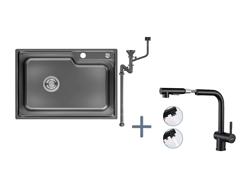 Auralum Max Évier Cuisine 1 Bac 62*45*21CM,en Inox PVD Nano Vasque à Poser,Noir+Robinet Cuisine Douchette Extractible Deux Jets Pivotant 360°,Noir