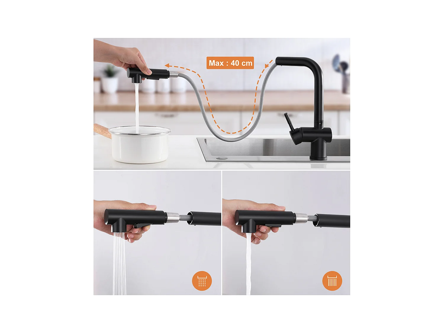 Auralum Max Évier Cuisine 1 Bac 62*45*21CM,en Inox PVD Nano Vasque à Poser,Noir+Robinet Cuisine Douchette Extractible Deux Jets Pivotant 360°,Noir