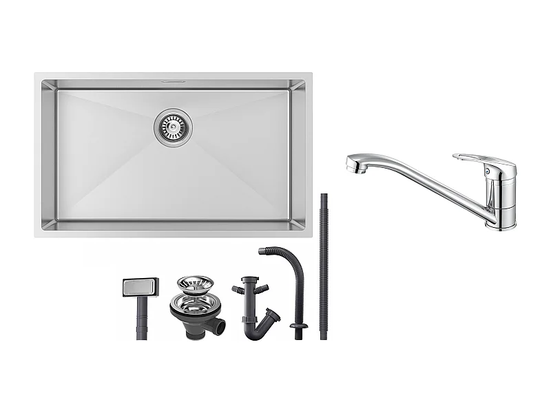 Fregadero CocinaE 1 Bandeja 74*44*20CM 304 Inox Fregadero Cepillado con Sifón/Trop-Plein+Grifo Cocina,Orientable 360°,de Latón,Cromado