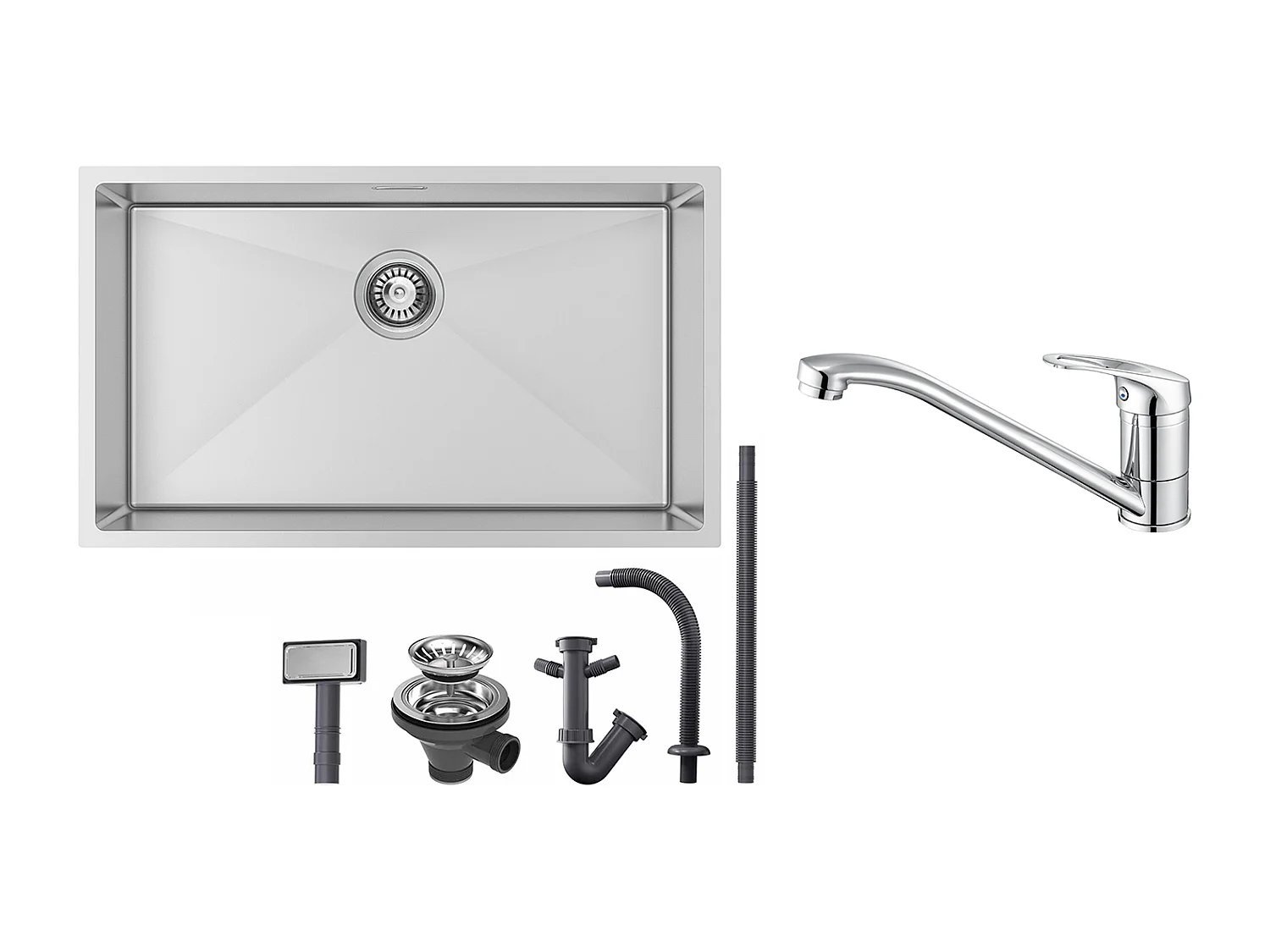 Fregadero CocinaE 1 Bandeja 74*44*20CM 304 Inox Fregadero Cepillado con Sifón/Trop-Plein+Grifo Cocina,Orientable 360°,de Latón,Cromado