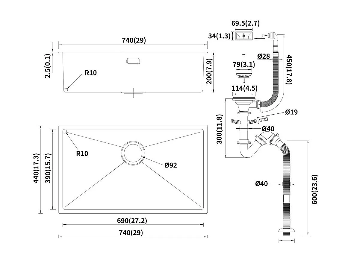 Fregadero CocinaE 1 Bandeja 74*44*20CM 304 Inox Fregadero Cepillado con Sifón/Trop-Plein+Grifo Cocina,Orientable 360°,de Latón,Cromado