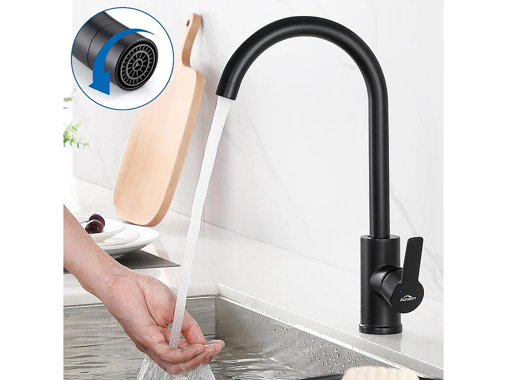 Auralum max Unterbauspüle, 1 Becken, 60*49*20CM, 304 Edelstahl, Schwarz + 360° schwenkbarer Küchenmischhahn, Abnehmbarer Sprudeler, Schwarz