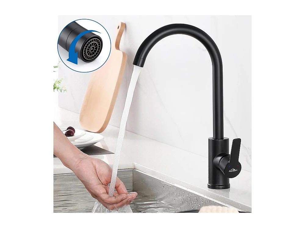 Auralum max Évier Cuisine à Encastrer,1 Bac,60*49*20CM,Acier inoxydable 304,Noir+Mitigeur Cuisine Pivotant à 360°,Barboteur Démontable,Noir